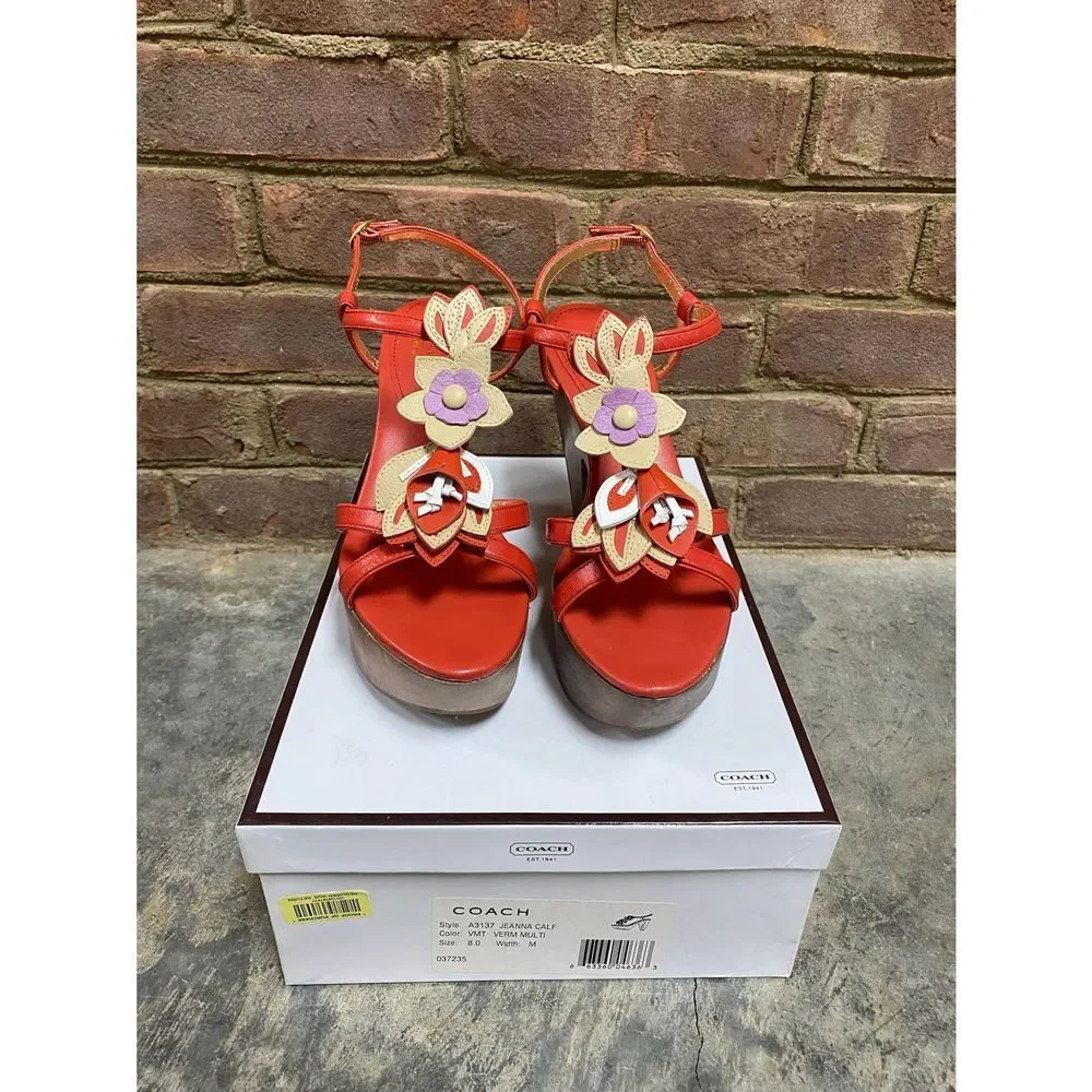 Coach Orange Flower Jeanna Calf Verm Multi Platform Heels Size 8 - Picture 9 of 10